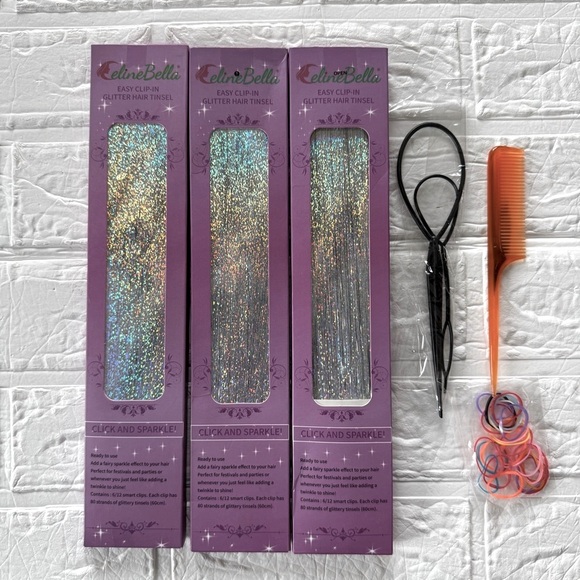 New CelieBella Glitter Hair Tinsel Set 3 packs x 12 clips - Picture 2 of 9